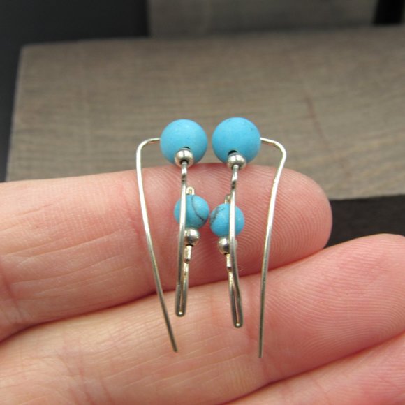 Sterling Faux Blue Stone Weird Style Earrings - Picture 2 of 4